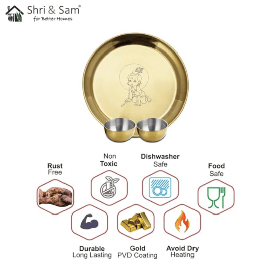 Shri & Sam High Grade Stainless Steel KANHA Pooja Thali Set with Gold PVD Coating,3-Pieces - Image 3